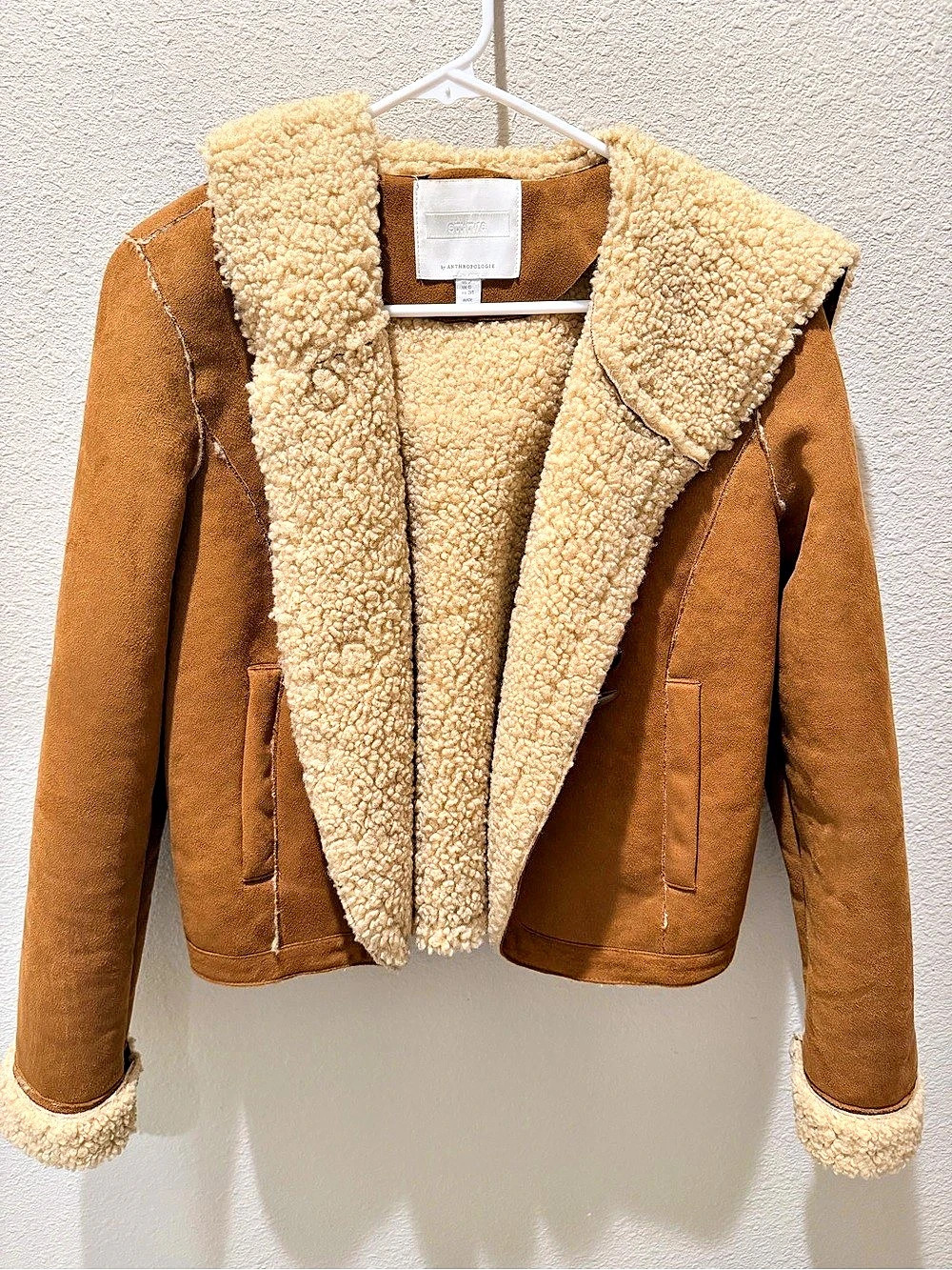 Ett:Twa Anthropologie Faux Shearling Suede Hooded Toggle Jacket Women's US 2 XS
